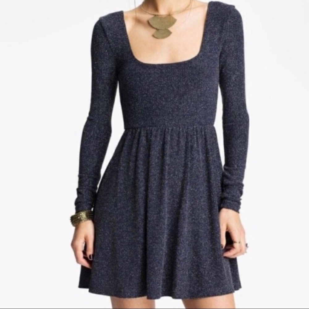 Free People Metallic Blue Long Sleeve Mini Dress